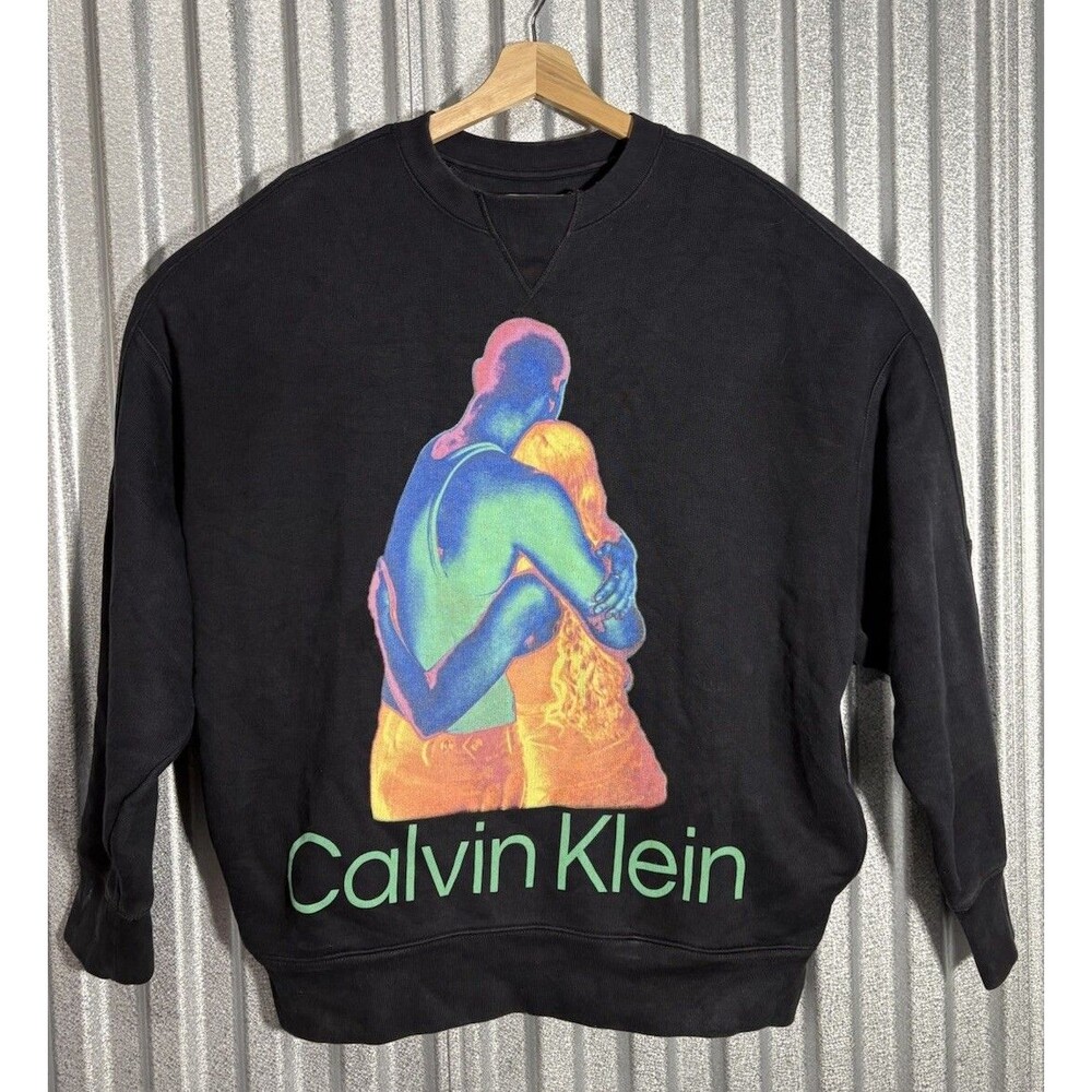 Calvin Klein Men’s M Black Crewneck Sweater Thermal Hug Graphic 2023 Oversized